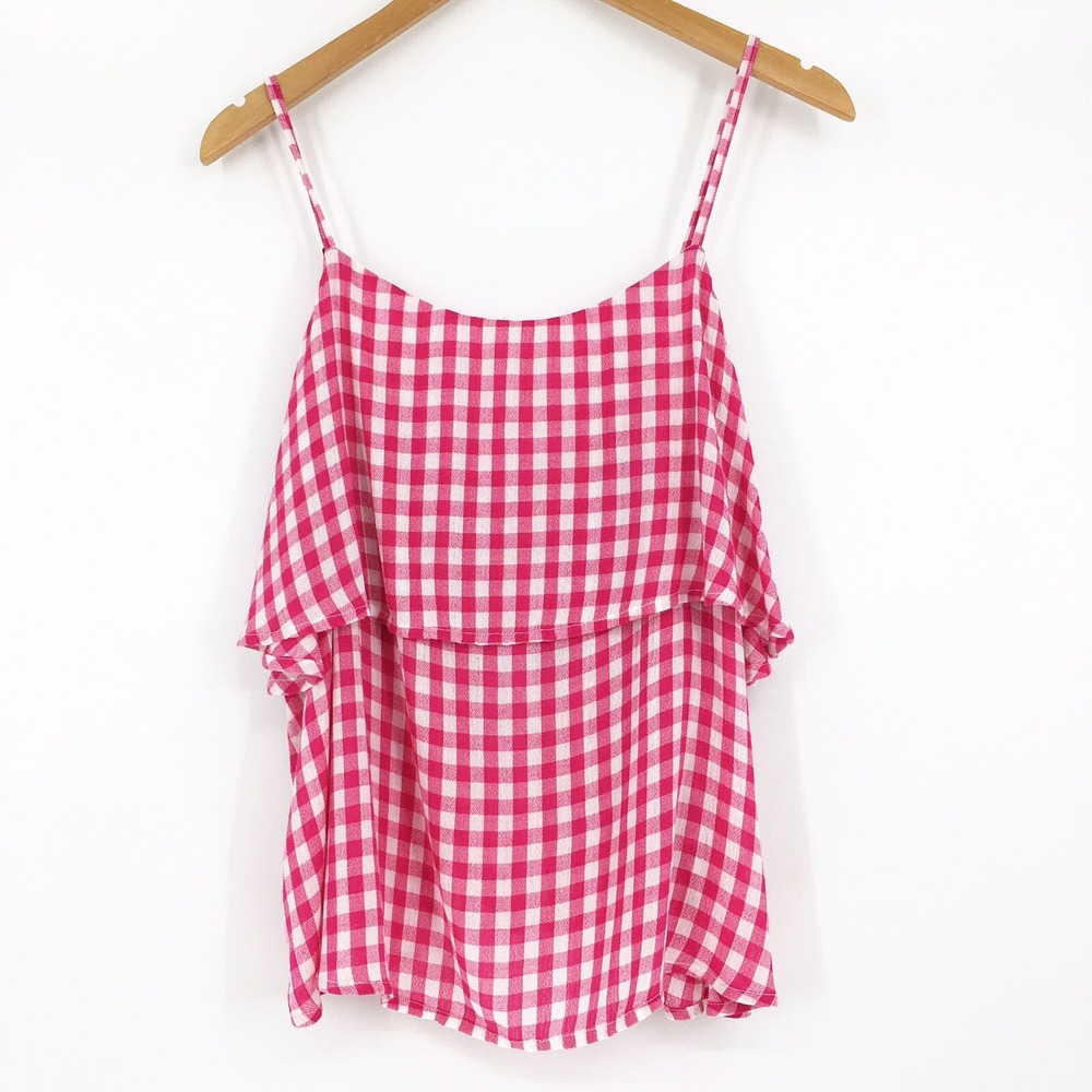Abound Womens Camisole | Spaghetti Strap Pink Gingham Plaid | Flounce Style | L